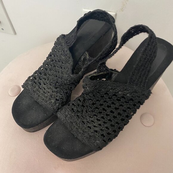 Enzo Angiolini Black Braided Knit Wedge Open Toe Heels Size 7.5 - Picture 2 of 6